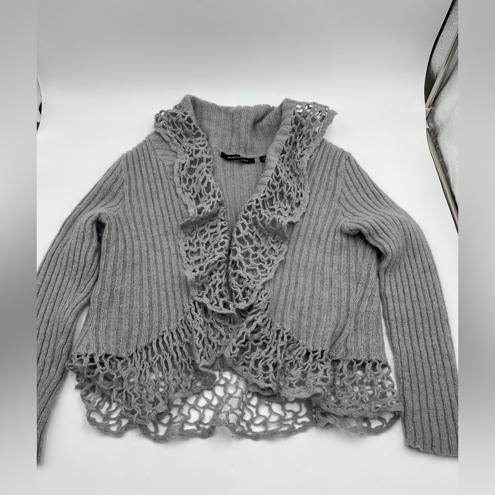 Michelle Nicole Gray Knit Cardigan with Crochet Trim Size L